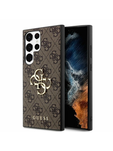 Guess Guess PU 4G Metall Logo Rückseite für Samsung Galaxy S23 Ultra Braun
