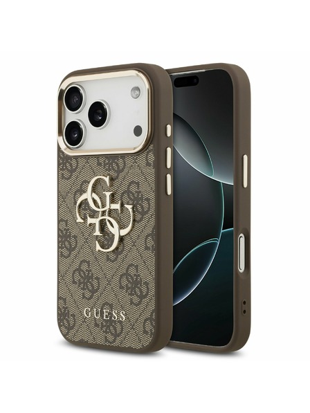 Guess Guess PU Leather 4G Metal Logo Gold Frame Rückseite für iPhone 17 Pro Brown