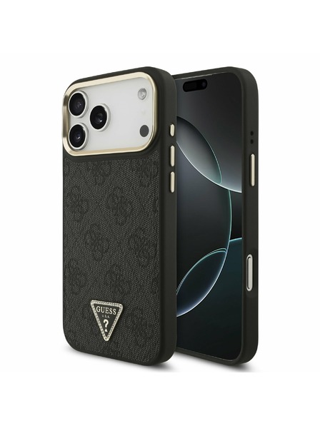 Guess Guess PU Leather 4G Strass Triangle Logo Gold Frame MagSafe Rückseite für iPhone 17 Pro Max Black
