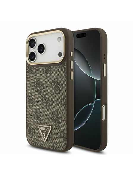 Guess Guess PU Leather 4G Strass Triangle Logo Gold Frame MagSafe Rückseite für iPhone 17 Pro Max Brown