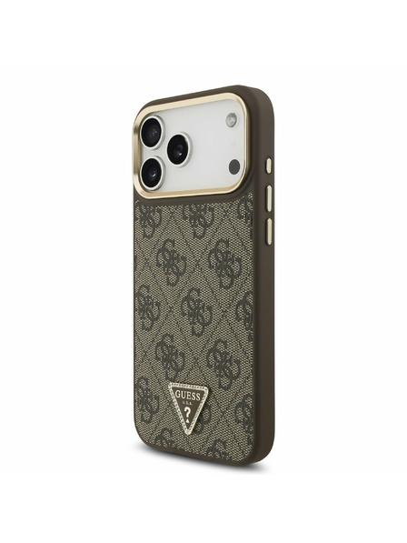 Guess Guess PU Leather 4G Strass Triangle Logo Gold Frame MagSafe Rückseite für iPhone 17 Pro Max Brown