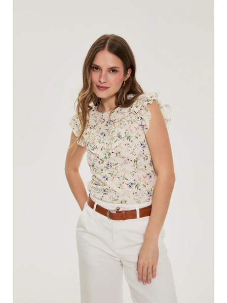 Moodo Bluse mit Blumen und Volant beige Moodo
