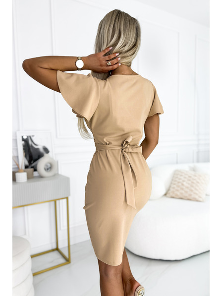 numoco NINA Kleid mit Wickelausschnitt, Ärmel und Gürtel - dunkles Beige