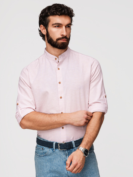 Ombre Clothing Herren-Leinenhemd mit Streifen und Stehkragen - weiß und rosa V3 OM-SHCS-0189 Ombre Clothing