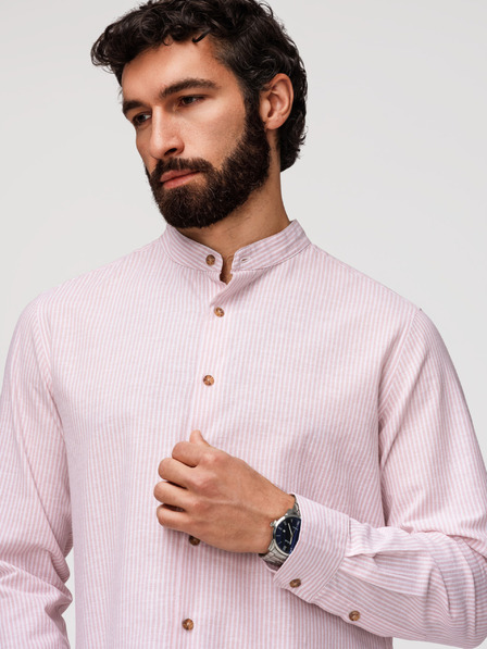 Ombre Clothing Herren-Leinenhemd mit Streifen und Stehkragen - weiß und rosa V3 OM-SHCS-0189 Ombre Clothing