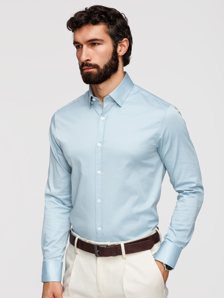 Ombre Clothing Klassisches Herren-Hemd SLIM FIT aus Satinstoff - blau V2 OM-SHOS-0211 Ombre Clothing