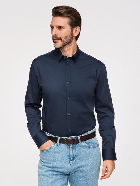 Ombre Clothing Klassisches Herren-Hemd SLIM FIT aus Satinstoff - dunkelblau V3 OM-SHOS-0211 Ombre Clothing