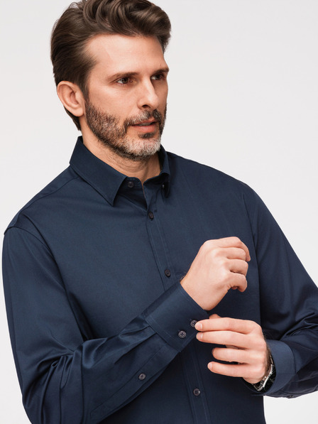 Ombre Clothing Klassisches Herren-Hemd SLIM FIT aus Satinstoff - dunkelblau V3 OM-SHOS-0211 Ombre Clothing