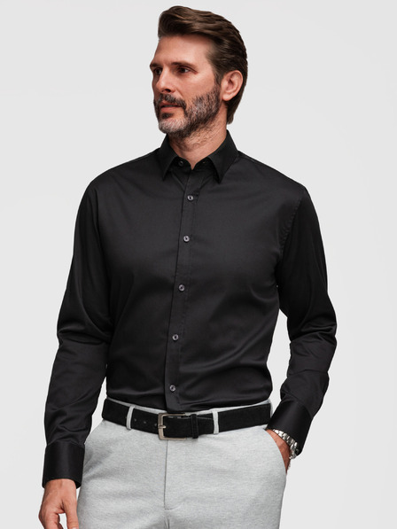 Ombre Clothing Klassisches Herren-Hemd SLIM FIT aus Satinstoff - schwarz V4 OM-SHOS-0211 Ombre Clothing