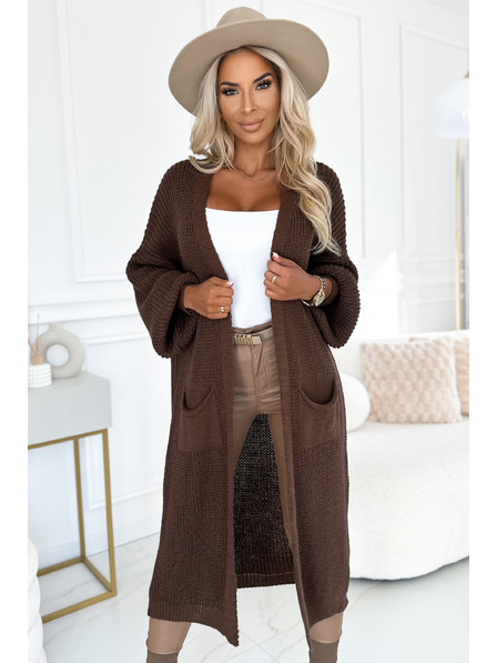 numoco basic Strickjacke - langer Strickmantel mit Taschen - Schokolade