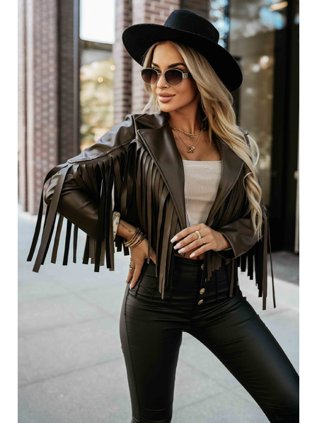 numoco basic Kurze Jacke mit Fransen aus weichem Öko-Leder - Schokolade