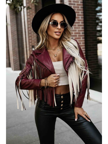 numoco basic Kurze Jacke mit Fransen aus weichem Öko-Leder - Weinrot