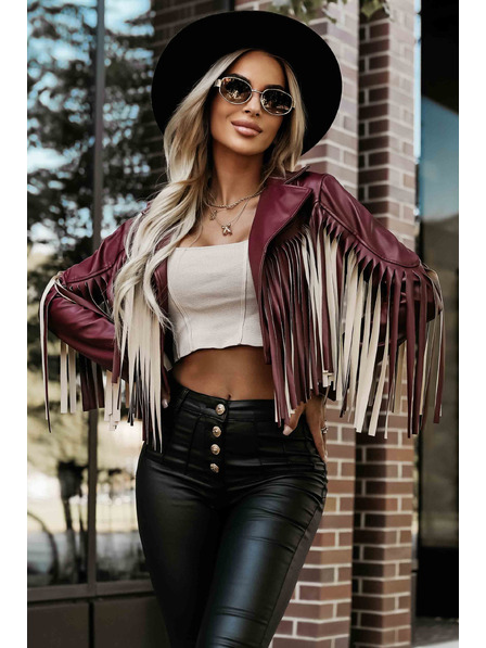 numoco basic Kurze Jacke mit Fransen aus weichem Öko-Leder - Weinrot