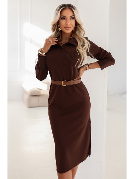 numoco basic Elegantes Midi-Kleid mit Kragen und Seitenschlitz - Schokolade