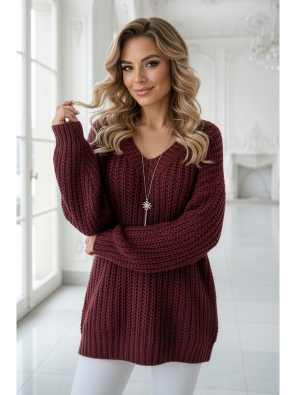 numoco Warmer Oversized-Pullover mit dichtem Stoff und V-Ausschnitt - Weinrot