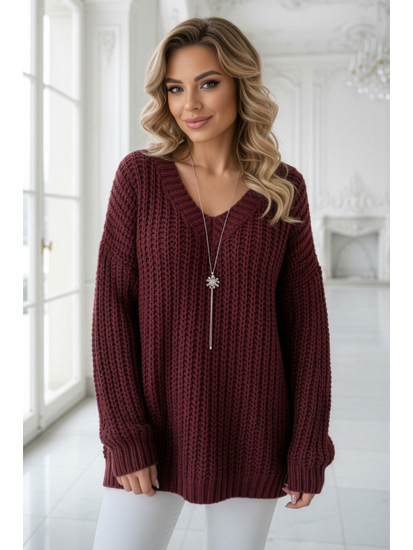 numoco Warmer Oversized-Pullover mit dichtem Stoff und V-Ausschnitt - Weinrot