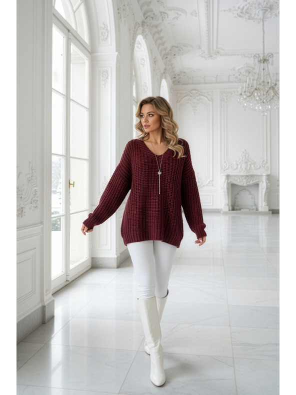 numoco Warmer Oversized-Pullover mit dichtem Stoff und V-Ausschnitt - Weinrot