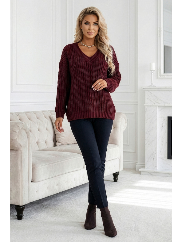 numoco Warmer Oversized-Pullover mit dichtem Stoff und V-Ausschnitt - Weinrot