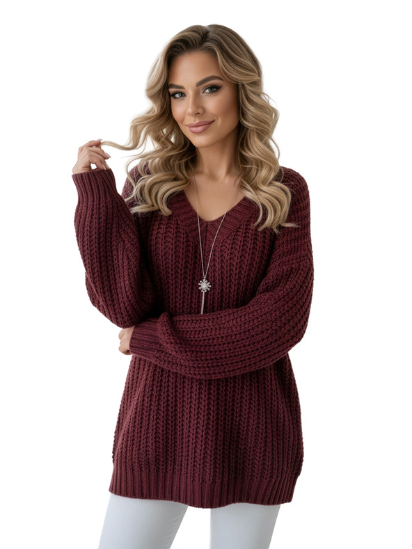numoco Warmer Oversized-Pullover mit dichtem Stoff und V-Ausschnitt - Weinrot