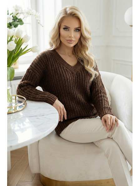 numoco basic Warmer Oversized-Pullover mit dichtem Stoff und V-Ausschnitt - Schokolade