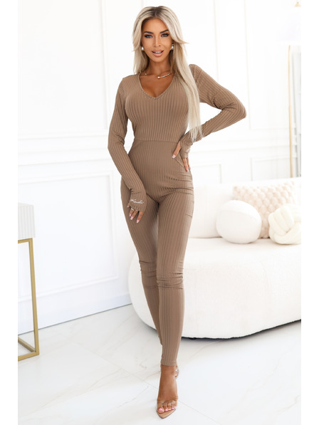 Kocula Komfortabler und eleganter gerippter Damen-Overall mit Ausschnitt in Mocha Mousse