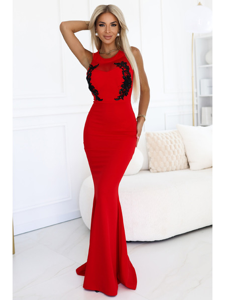 Kocula Langes Meerjungfrauen-Kleid mit schwarzer Spitze und Netzstoff in Rot