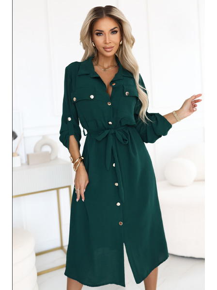 numoco basic Midi-Hemdkleid mit goldenen Knöpfen und Krawatte in Grün