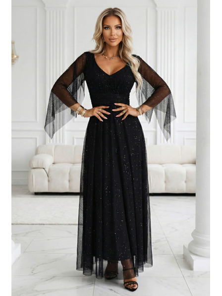 numoco basic Langes, funkelndes Kleid mit Ausschnitt und durchsichtigen Ärmeln in Schwarz