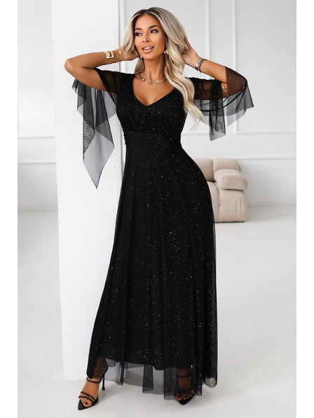 numoco basic Langes, funkelndes Kleid mit Ausschnitt und durchsichtigen Ärmeln in Schwarz