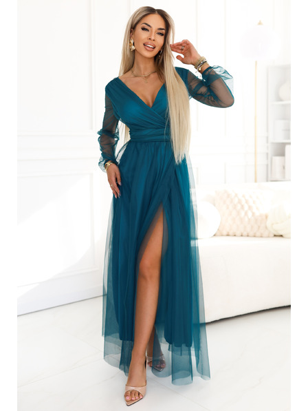 numoco basic Langes Maxikleid mit Tüllärmel und Überkreuzausschnitt in Flaschengrün