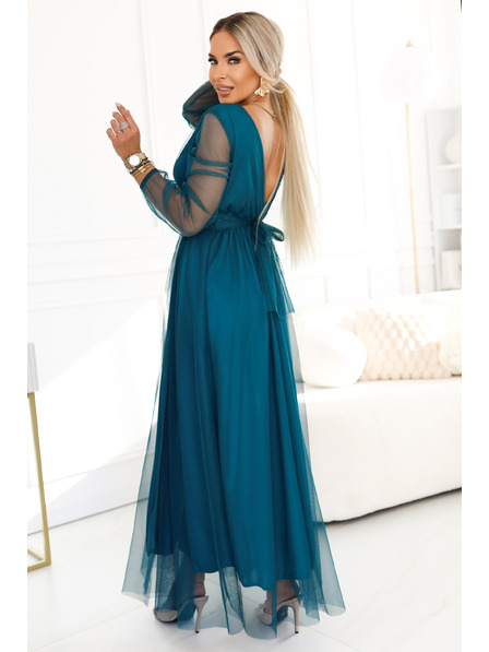 numoco basic Langes Maxikleid mit Tüllärmel und Überkreuzausschnitt in Flaschengrün