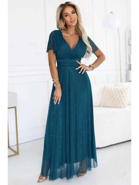 numoco basic MELANIA langes, glänzendes Kleid mit Ausschnitt und Kurzarm in Flaschengrün