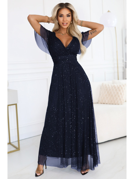 numoco basic MELANIA langes, glänzendes Kleid mit Ausschnitt und Kurzarm in Dunkelblau
