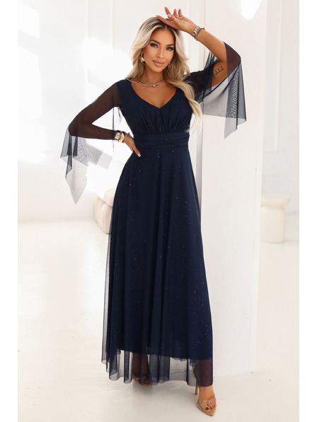 numoco basic Langes, funkelndes Kleid mit Ausschnitt und durchsichtigen Ärmeln in Dunkelblau