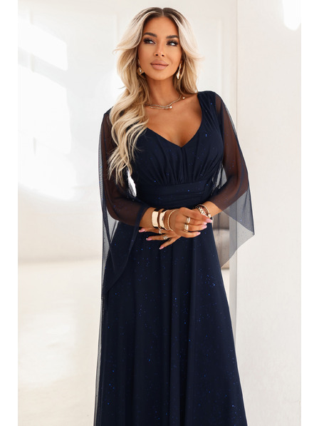 numoco basic Langes, funkelndes Kleid mit Ausschnitt und durchsichtigen Ärmeln in Dunkelblau