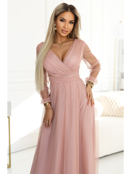 numoco basic Langes Maxikleid mit Tüllärmel und Überkreuzausschnitt in Puderrose