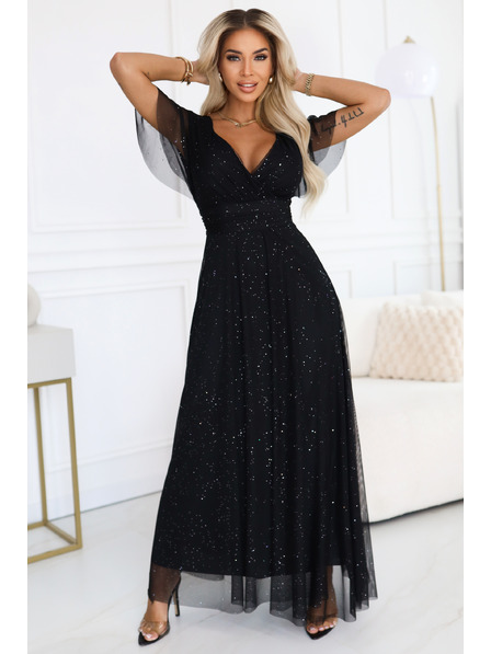 numoco basic MELANIA langes, glänzendes Kleid mit Ausschnitt und Kurzarm in Schwarz