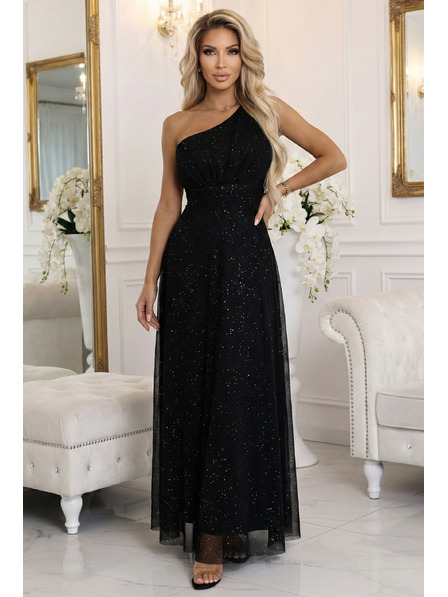 numoco basic Langes, glänzendes Abendkleid mit One-Shoulder-Schnitt in klassischem Schwarz