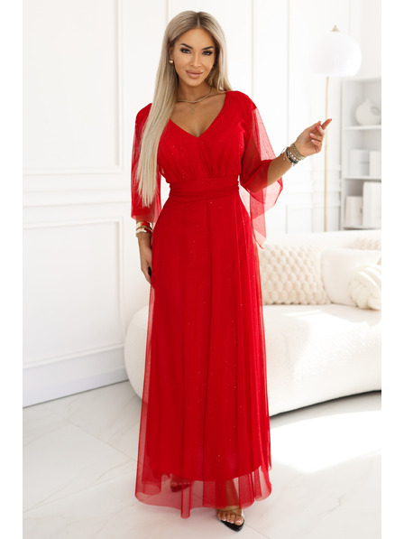 numoco basic Langes, glänzendes Kleid mit Ausschnitt und durchsichtigem Ärmelchen in Rot