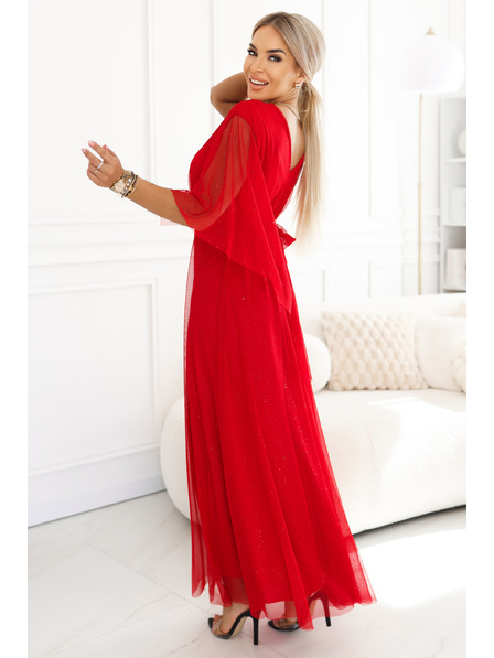 numoco basic Langes, glänzendes Kleid mit Ausschnitt und durchsichtigem Ärmelchen in Rot