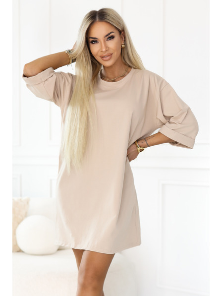 numoco basic Lockeres Oversize-Kleid aus Baumwolle mit Kurzarm in Beige