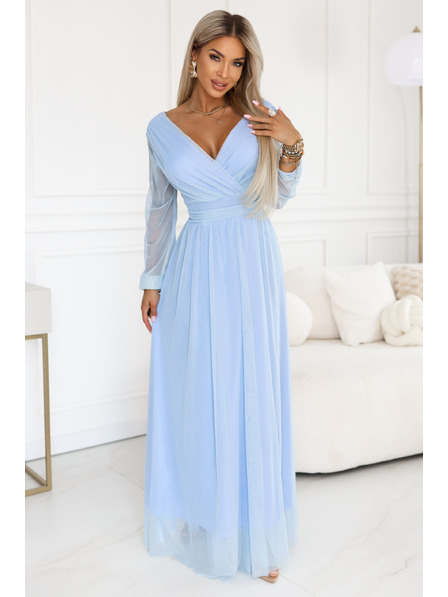 numoco basic Langes Maxikleid mit Tüllärmel und Umschlagausschnitt - Hellblau