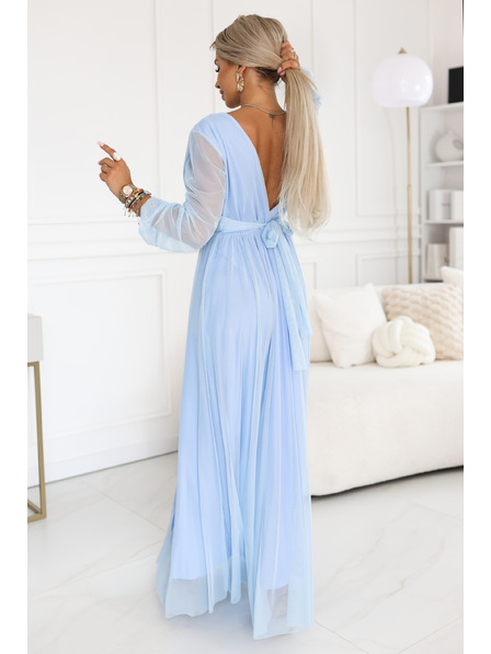 numoco basic Langes Maxikleid mit Tüllärmel und Umschlagausschnitt - Hellblau