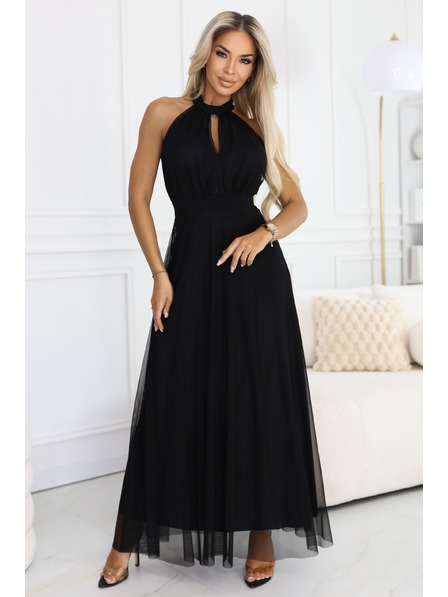 numoco basic Elegantes Abend-Maxikleid Neckholder mit Tüll und Taillenband - Schwarz