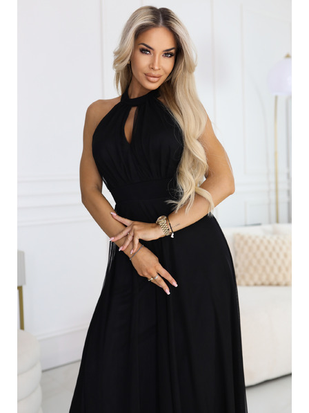 numoco basic Elegantes Abend-Maxikleid Neckholder mit Tüll und Taillenband - Schwarz