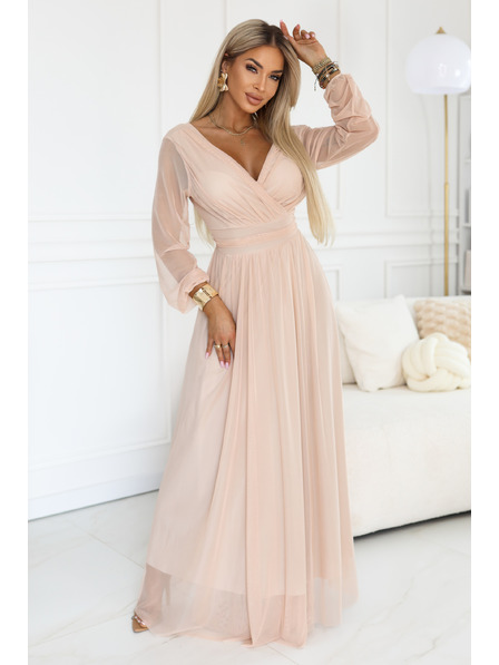 numoco basic Langes Maxikleid mit Tüllärmel und Umschlagausschnitt - Pfirsich