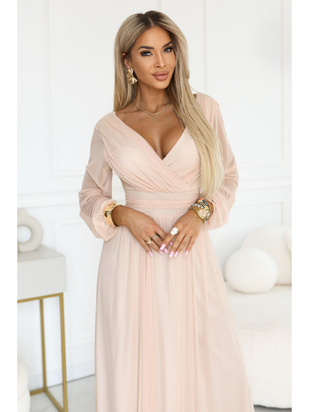 numoco basic Langes Maxikleid mit Tüllärmel und Umschlagausschnitt - Pfirsich