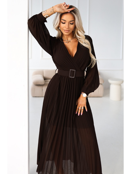 numoco basic KLARA elegantes gefaltetes Midi-Kleid mit Gürtel und Ausschnitt - Schokolade