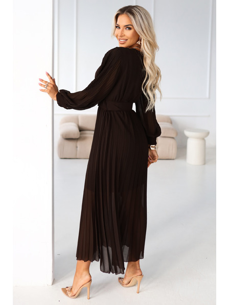 numoco basic KLARA elegantes gefaltetes Midi-Kleid mit Gürtel und Ausschnitt - Schokolade