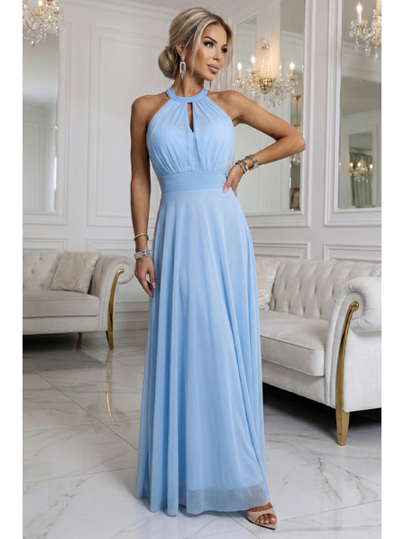 numoco basic Elegantes Abend-Maxikleid Neckholder mit Tüll und Taillenband - Hellblau